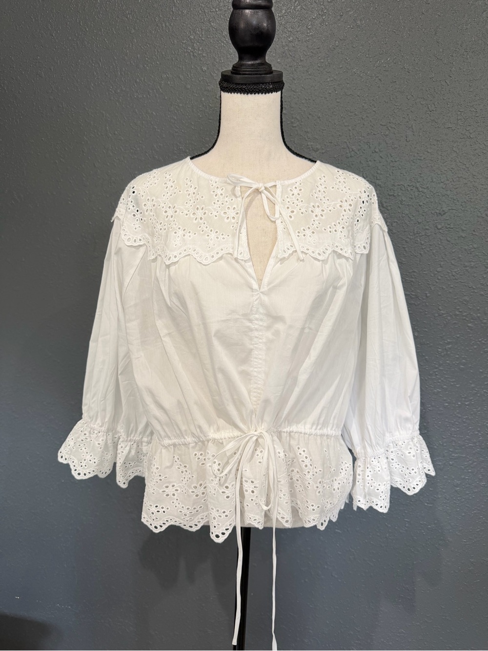 Joie Women's White Eyelet Peasant Blouse with Tie Front NWT